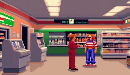 02089-_lora_Lucasarts Artstyle - (Trigger is lcas artstyle)_1_ A clown and a woman are yelling at each other inside a 7-11 convenience.png